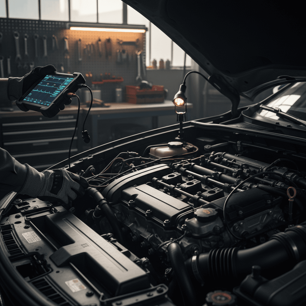Engineer examining natural gas vehicle engine system