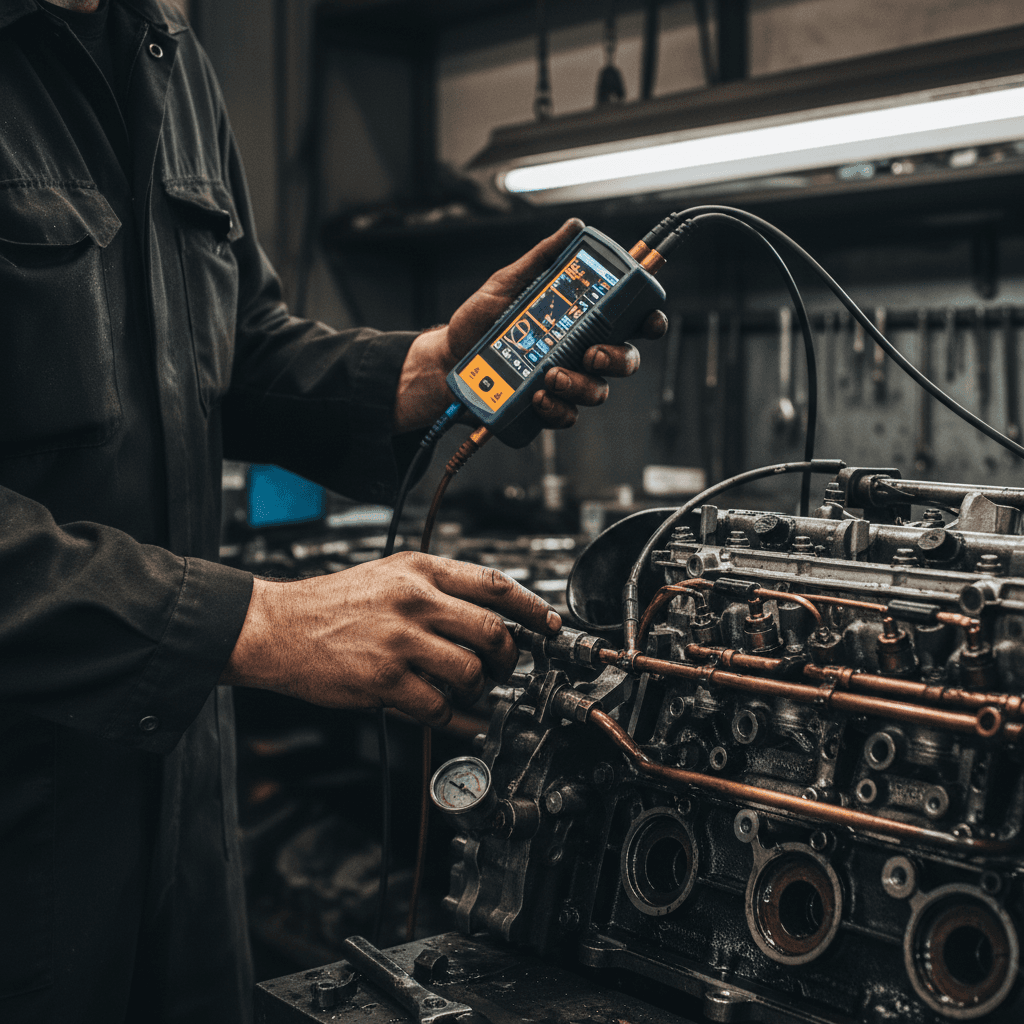 Engineer working on gas vehicle fuel system tuning